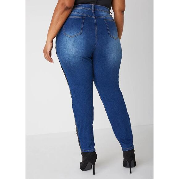 ASHLEY STUART Women's Sequined Mid Rise Skinny Jeans Size 14 In Denim - Picture 3 of 14